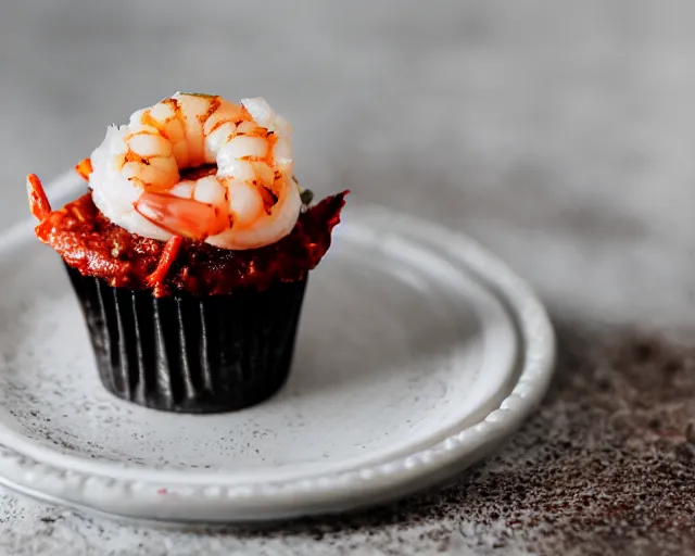 Prompt: dslr food photograph of a cupcake with a shrimp on top, 8 5 mm f 1. 4