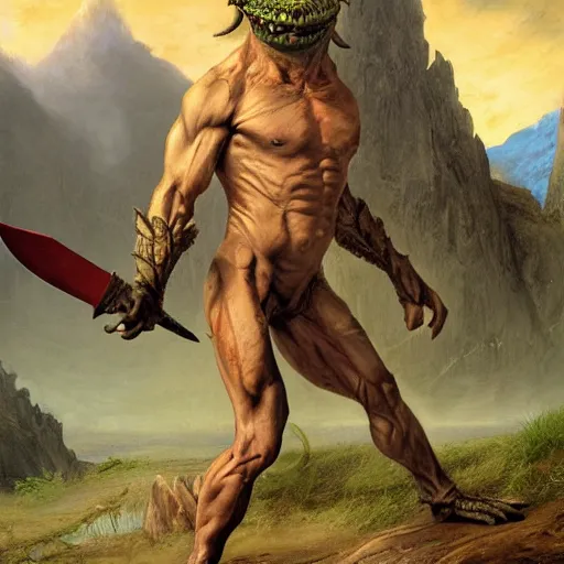 Prompt: matte painting, realistic art, dog - faced muscular goblin, ugly face, lizard tail, holding scimitar made of bone, scimitar, sword, jagged sword, curved sword, orkish sword, colorized, green skin, red sky, wasteland, hyper - detailed, primeval fantasy, prehistoric fantasy, art by jacques - louis david