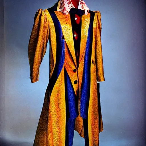 Prompt: stunning color photograph of an extravagant suit designed by edvard munch. award winning piece of fashion. studio lighting