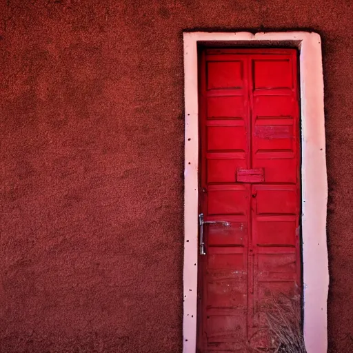 Prompt: a red door standing in the middle of nowhere, desert, unsettling, photography,