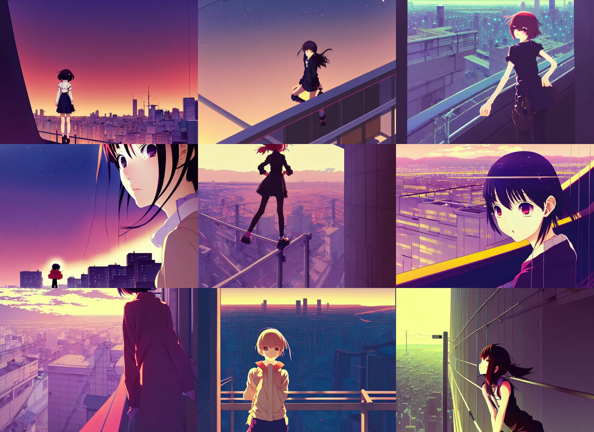 Prompt: anime visual, portrait of a young female traveler sight seeing above the city exterior, guardrails, dusk, very low light, cute face by ilya kuvshinov and yoh yoshinari, katsura masakazu, mucha, dynamic pose, dynamic perspective, strong silhouette, anime cels, rounded eyes, smooth facial features, strong contrasting shadows