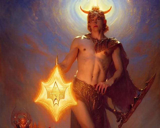 Image similar to attractive male deity, casting demonic magic, summoning handsome lucifer morning star. highly detailed painting by gaston bussiere, craig mullins, j. c. leyendecker 8 k