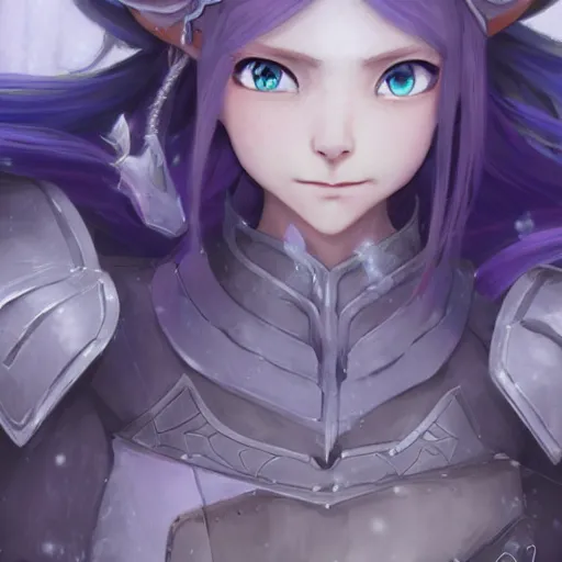 Prompt: an elf girl with grey skin with blues and long purple hair, wearing armor, ice background, highly detailed, digital painting, artstation, matte, by makoto shinkai, animation style, studio ghibli, anime key visual