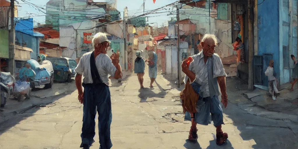 Prompt: old man on street corner in favela painting by vladimir volegov, norman rockwell, tom of finland, coherent high res clarity, trending on artstation