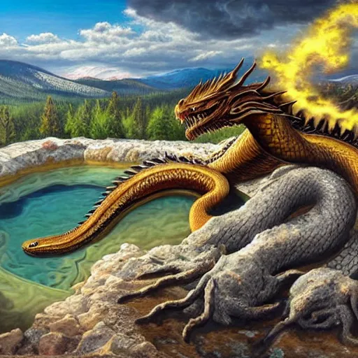 Image similar to snake - like dragon sitting in a hotspring at yellowstone national park, highly detailed oil painting, featured on artstation