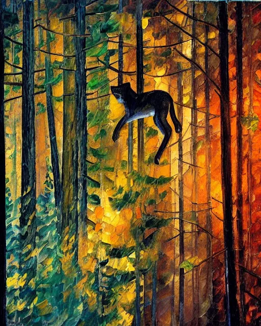 Image similar to cougar in forest at night, shot from drone, grainy, photo by leonid afremov, polaroid