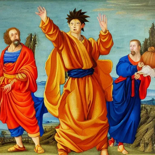 Prompt: renaissance oil painting of Goku wearing a robe, posing as king