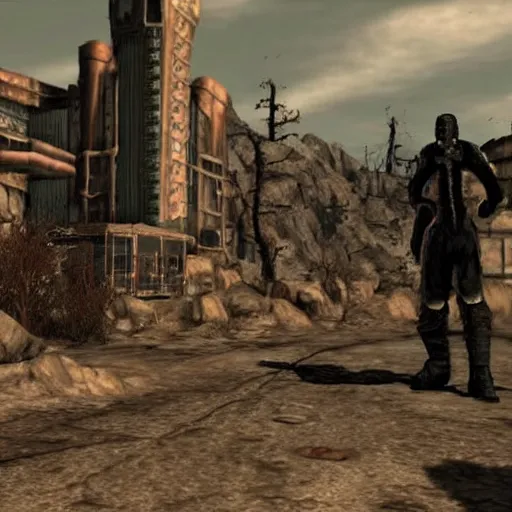 Prompt: Talking to an NPC named Janusz Korwin-Mikke in the game Fallout: New Vegas (2010), screenshot from Fallout: New Vegas (2010)