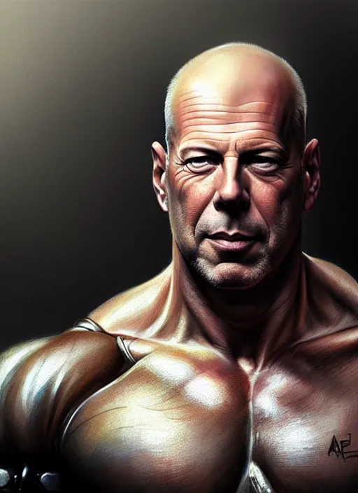 Image similar to Portrait of Bruce Willis, D&D, muscular, fantasy, intricate, elegant, highly detailed, digital painting, artstation, concept art, smooth, sharp focus, illustration, art by artgerm and greg rutkowski and alphonse mucha