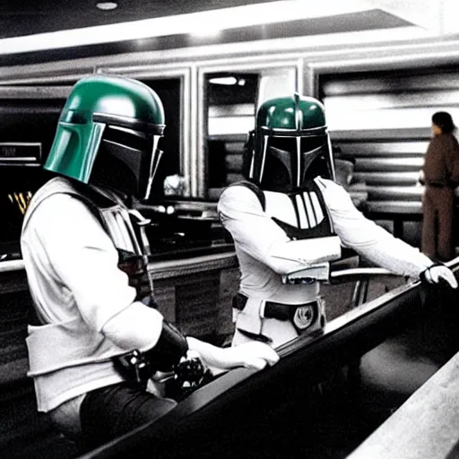 Prompt: boba fett and darth vader drinking at a bowling alley bar in the movie the big lebowski - w 7 2 0