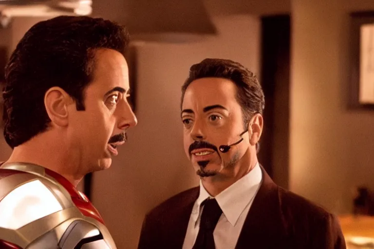 Prompt: a still of young jerry seinfeld as tony stark in the film iron man, high definition