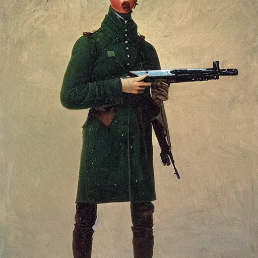 Image similar to an impasto oil painting of a soldier holding a flower instead of a gun painted by caspar david friedrich, high detail