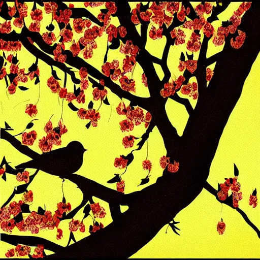 Image similar to birds on cherry tree, Changelingcore, serene, graceful, sunset photo at golden hour, Kodachrome, digital painting