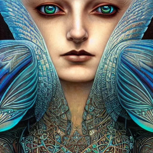 Prompt: beautiful closeup portrait of an art deco faerie queen, glowing eyes. reflective detailed textures, moth wings, highly detailed dark fantasy science fiction painting by tom bagshaw and michael whelan and diego rivera and annie swynnerton and jean delville and moebius and adolf wolfli, elaborate geometric ornament, ancient runes, silver and cool colors. artstation