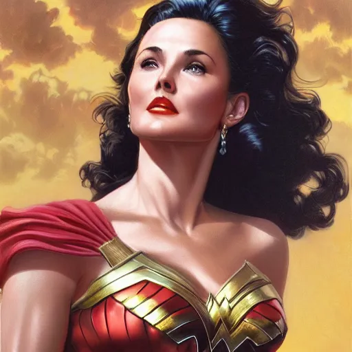 Prompt: a portrait of young Lynda Carter as Wonder woman , detailed, centered, digital painting, artstation, concept art, donato giancola, Joseph Christian Leyendecker, WLOP, Boris Vallejo, Breathtaking, 8k resolution, extremely detailed, beautiful, establishing shot, artistic, hyperrealistic, beautiful face, octane render