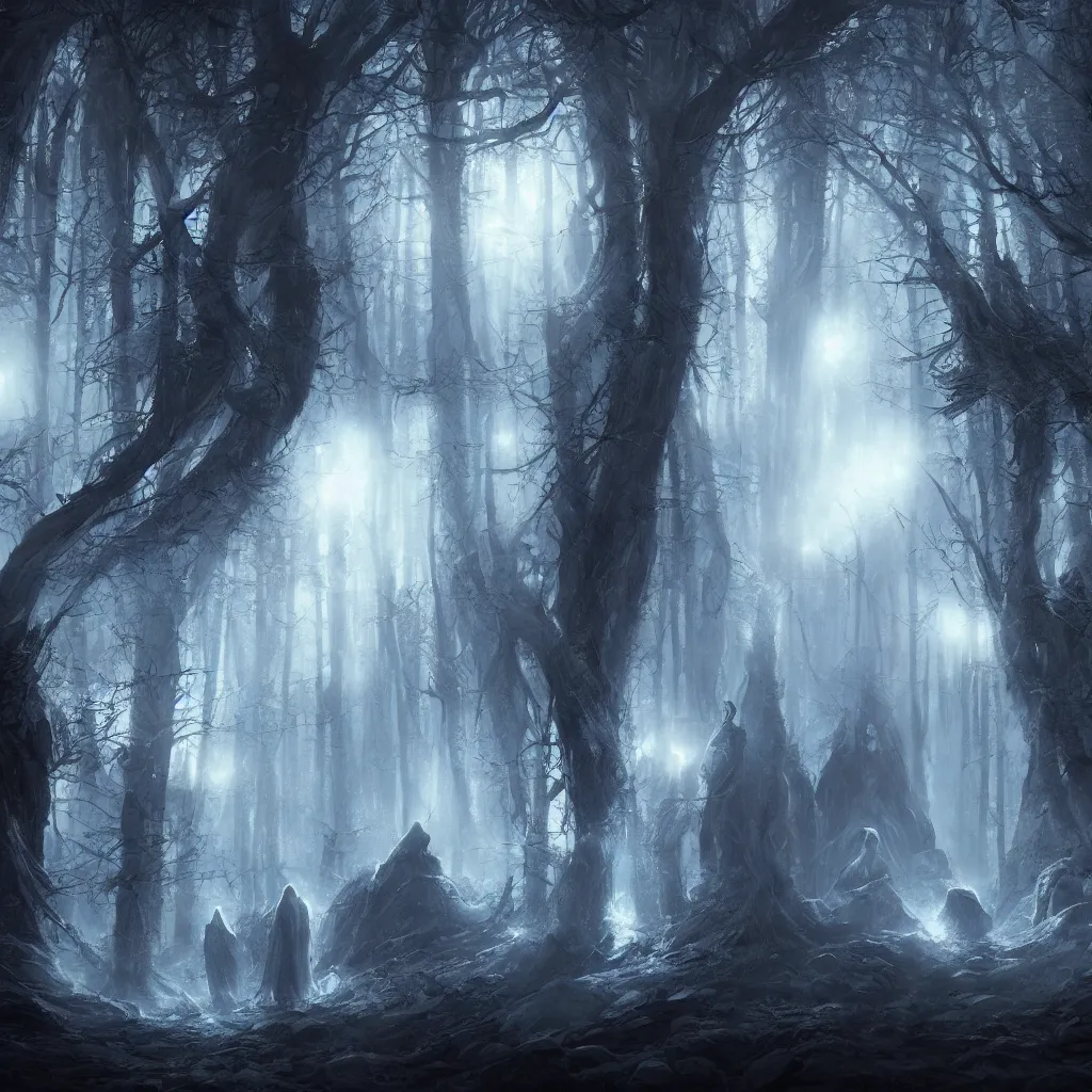 Image similar to high drama, distant hooded figures, hdr, glowing luminescent invocations, diffuse magic, movie still, intricate highly detailed mystical prisms, fully photorealistic, artstation, beautiful concept art, smoothened, sharp luminescent focus, nd 6, sony fx 6