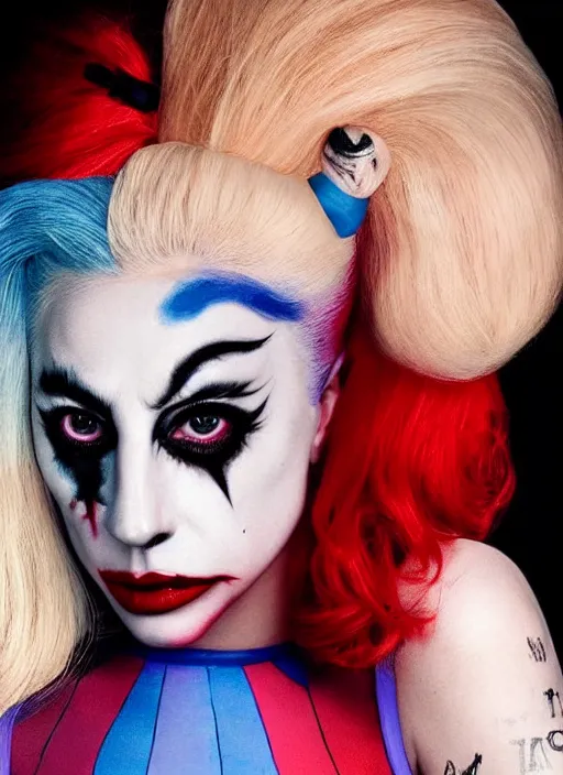 Image similar to portrait of Lady Gaga portraying a realistic Harley Quinn with little makeup in the movie Joker 2023, dramatic cinematic lighting, extremely detailed facial features, award winning photograph by Annie Leibovitz, 8k