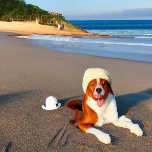 Image similar to Dog with white hat on his head, on the beach having a picknick