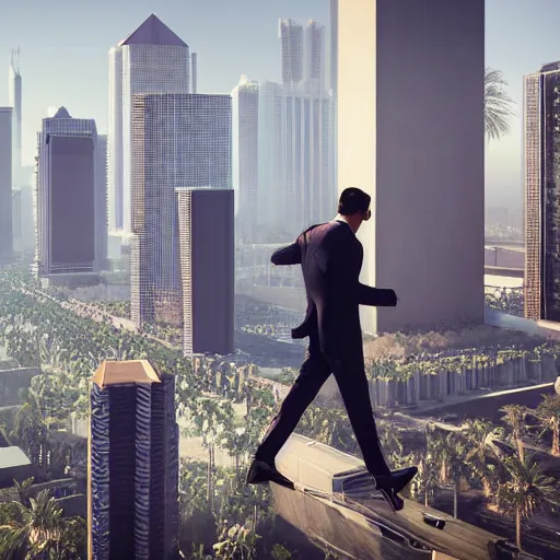 Prompt: digital art, trending on artstation, men in suits hanging from skyscrapers at Coachella outside of futuristic mega city set in 2064, hyper realistic illustration, vintage, Orwellian, dystopian, sponsored by Amazon, 8k, Octane render