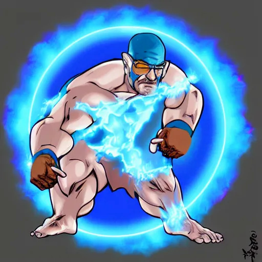 Image similar to buff Walter White Hadoken a ball of blue fire to the right side of the screen, accurate anatomy, accurate hands, highly detailed, digital art, smooth,