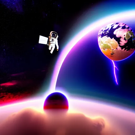 Image similar to astronaut finding a flower on an alien planet with mountains, water, strange clouds, hyper realistic, dramatic lightning, ray tracing, high resolution photo, 8 k