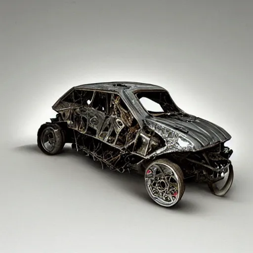 Prompt: a car made out of metal scrap, concept art, oil painting, detailed, realistic art, creepy