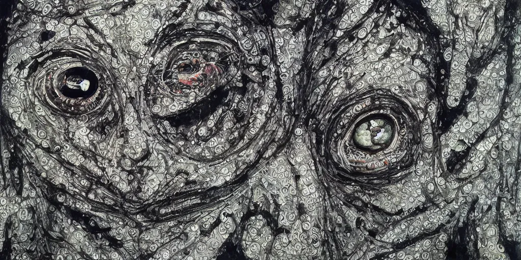 Prompt: camo of eyes, technical, acrylic, teeth, eerie, tribal, clay, dots, lines, stipple, points, grid, cybernetic, old painting, francis bacon art, swirly eyes, hypnosis, eerie, terror, oil, neon, black and white, splotches