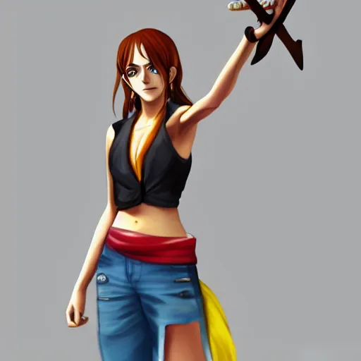 Image similar to A full body portrait of emma watson as Nami from one piece holding a trident in one hand, 3d, trending artstation