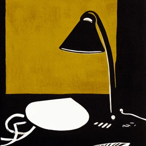 Prompt: mid 2 0 0 0 s cover art with lamp, linocut, tones of black, dot