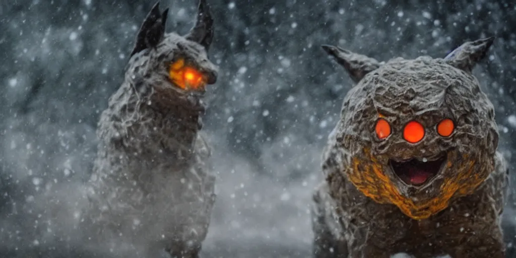 Prompt: photo of real life pokemons, creepy!!!, scaly!!!, gritty!!!, menacing!!!, evil, ultra realistic, gritty, winter, golden hour, volumetric lighting, sharp focus