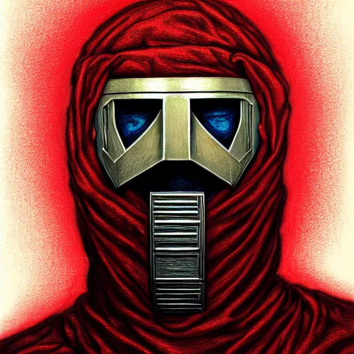 Image similar to portrait of mf doom, dr. doom metal steel mask, dark skin underneath. red t - shirt, beige complex background, intricate, elegant, highly detailed, digital painting, artstation, concept art, smooth, sharp focus, illustration, by anato finnstark, boissb - blanca. j, cindy avelino, clint cearley, anna podedworna