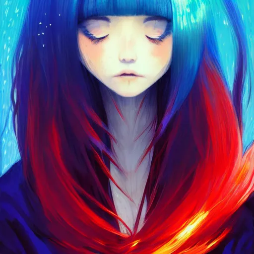 Image similar to red water swirling around rimuru tempest crying, enveloped in ghosts, sky blue straight hair, bangs, with amber eyes, black jacket, high collar, ultra fine detaile, dark theme, digital painting, psychedelic, cinematic, wlop, pixiv, ilya kuvshinov, ross tran