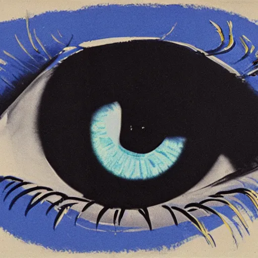 Image similar to tired by andy warhol, by edwin henry landseer warm blue, costume. a illustration of a large eye that is looking directly at the viewer. the eye is composed of a myriad of colors & patterns, & it is surrounded by smaller eyes.