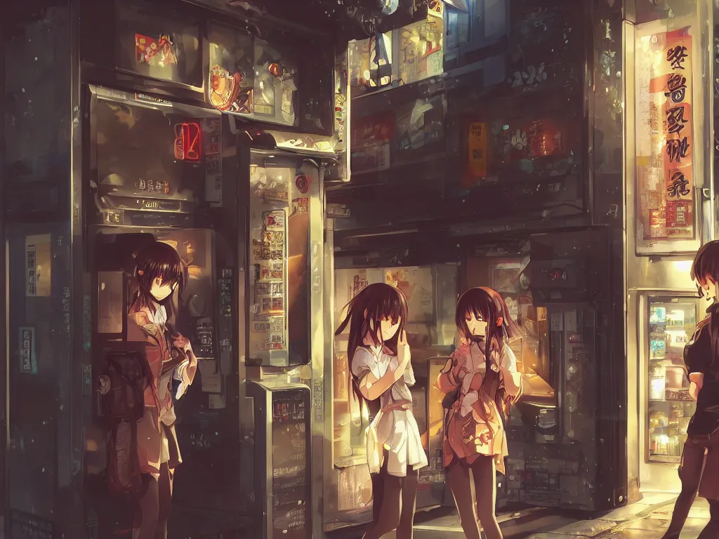 Image similar to Two beautiful anime girls, standing in front of a vending machine outside of a Japanese convenience store, in narrow Tokyo alleyway, beautiful light and shadows, D&D, fantasy, highly detailed, digital painting, artstation, concept art, sharp focus, illustration, in style of GUWEIZ and WLOP and NIXEU