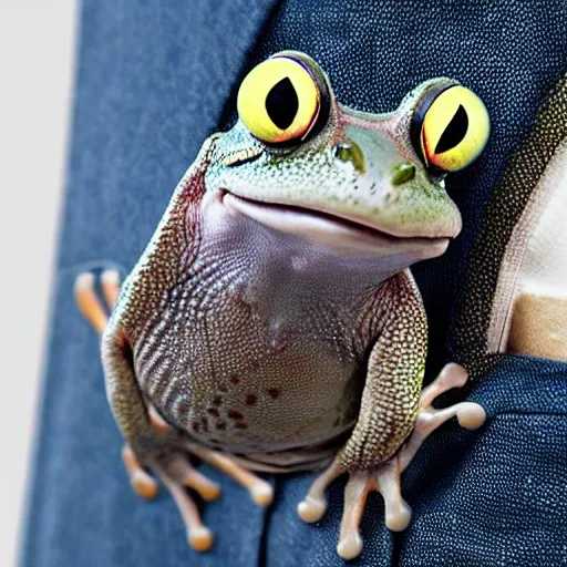 Prompt: a funny picture of a happy frog peeking out of a jacket pocket, 4K