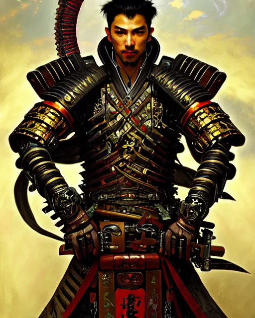Prompt: portrait of a handsome cyberpunk samurai man wearing a warrior armor, beautiful symmetrical face, fantasy, regal, by stanley artgerm lau, greg rutkowski, thomas kindkade, alphonse mucha, loish, norman rockwell.