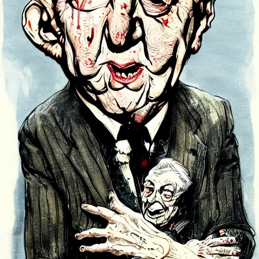 Image similar to George Soros by Ralph Steadman, illustration, body horror, biopunk