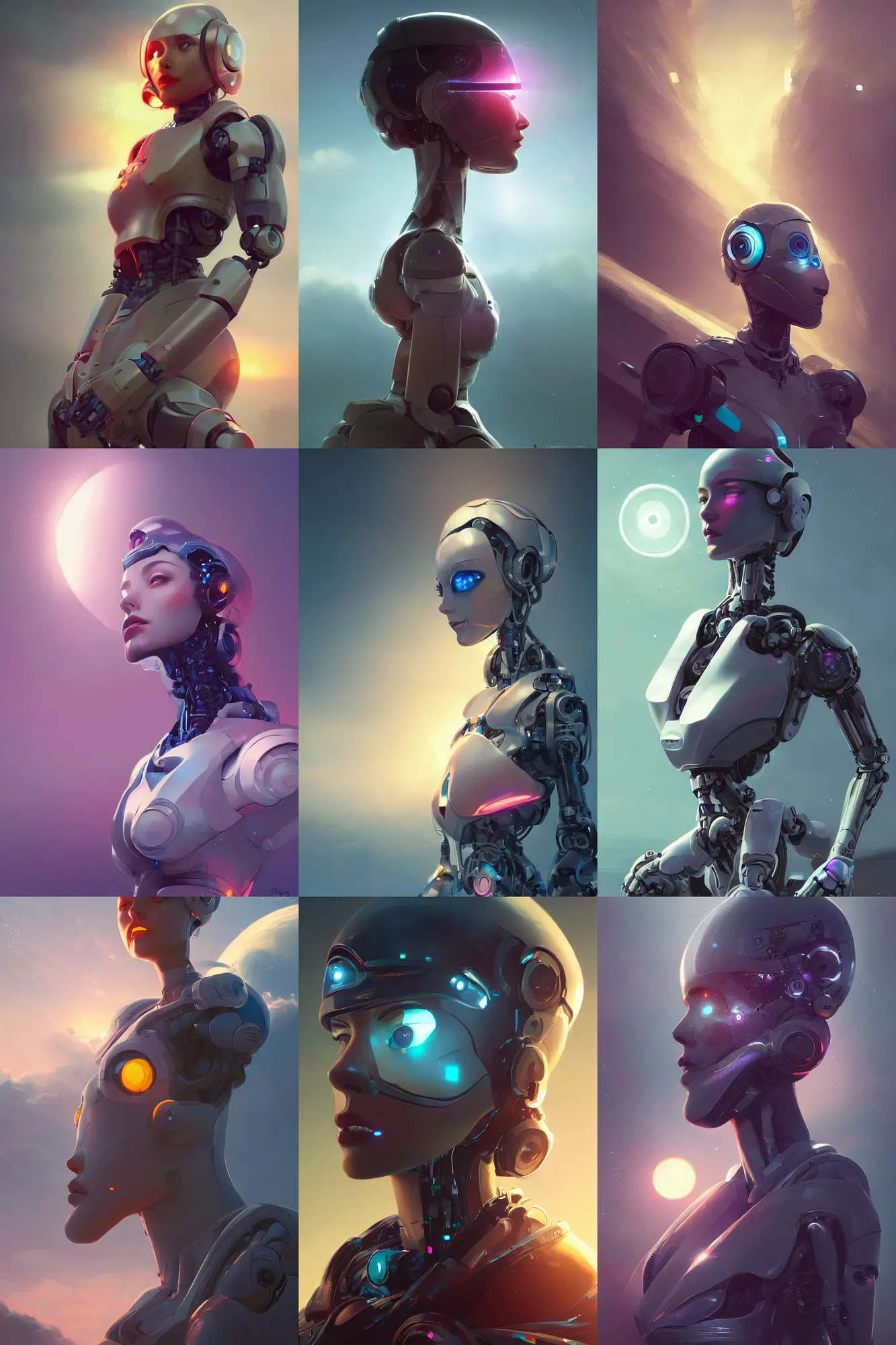 Prompt: A beautiful robotic woman dreaming, cinematic lighting, skies in the background, sun setting light, soft bokeh, sci-fi, modern, colourful, highly detailed, digital painting, artstation, concept art, sharp focus, illustration, by greg rutkowski