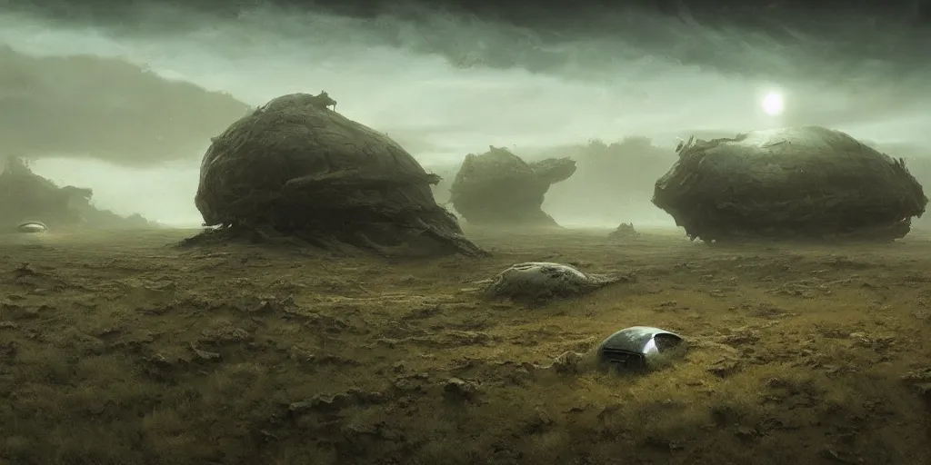 Image similar to Alien landscape, Les Edwards, Zdzislaw Beksinski, Carl Gustav Carus, John Harris, Michal Karcz, Zhang Kechun, Mikko Lagerstedt, Scott Listfield, Steven Outram, Jessica Rossier