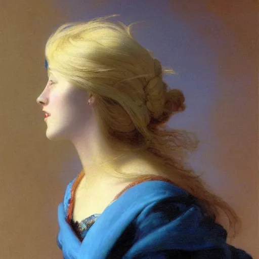 Image similar to a young woman's face, her hair is white and she wears an indigo blue satin cloak, by ivan aivazovsky and syd mead and moebius and gaston bussiere and roger dean and pieter claesz and paul delaroche and alma tadema and aelbert cuyp and mort kunstler, hyperrealistic, volumetric light, octane render
