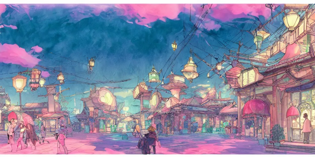 Image similar to bathhouse and nature, modern contemporary, lanterns. watercolor art, expansive cinematic view, volumetric shading, intricate and detailed, highly saturated colors. breath of the wild style, by hayao miyazaki ghibli!!!. pastel!! pink!! accents. trending on artstation. award winning