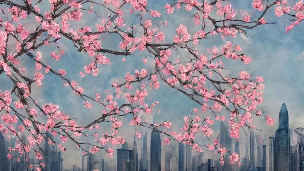 Image similar to a watercolor of Peach blossoms bloom along the Shanghai skyline, The soft pinks and greens of the flowers are offset by the blue of the sky and the gray of the cityscape, by Abbott Fuller Graves, Agnes Cecile, Alma Thomas, HD, Octane render 8K,