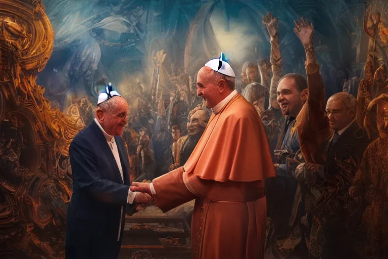 Prompt: the pope shaking hands with the evil, hyper detailed, orange red blue tones dramatic lighting, cgsociety, realistic, hyper detailed, insane details, intricate, dramatic lighting, hypermaximalist, golden ratio, rule of thirds, octane render, weta digital, micro details, ultra wide angle, artstation trending, 8 k