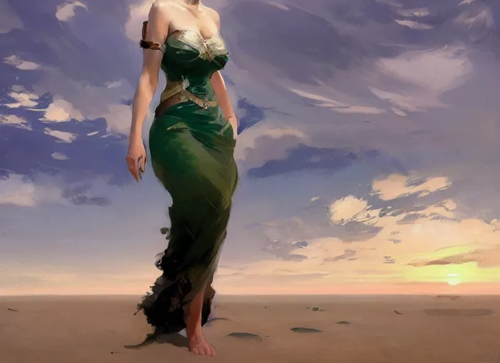 Prompt: a full body portrait of a woman in a classy outfit, fantasy beach landscape at night, rule of thirds, digital painting by sargent and leyendecker, fantasy, medium shot, intricate, matte painting, verdant gradient, dynamic lighting, by greg rutkowski and greg tocchini and james gilleard and joe fenton and greg manchess