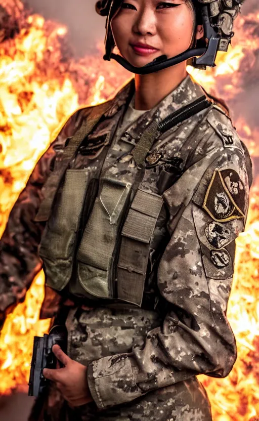 Image similar to portrait photo of a female and asian tank commander, highly detailed, smoke and flames in the background, high resolution, cosplay photo, stunning, girls frontline style, bokeh soft, shot on 90mm, zenithal lightning, trending on instagram, by award winning photographer, realistic human anatomy, real human faces, realistic military carrier, soldier clothing, modern warfare, she is shouting and pointing to front, shot with a professional camera, low saturation, soldier clothing