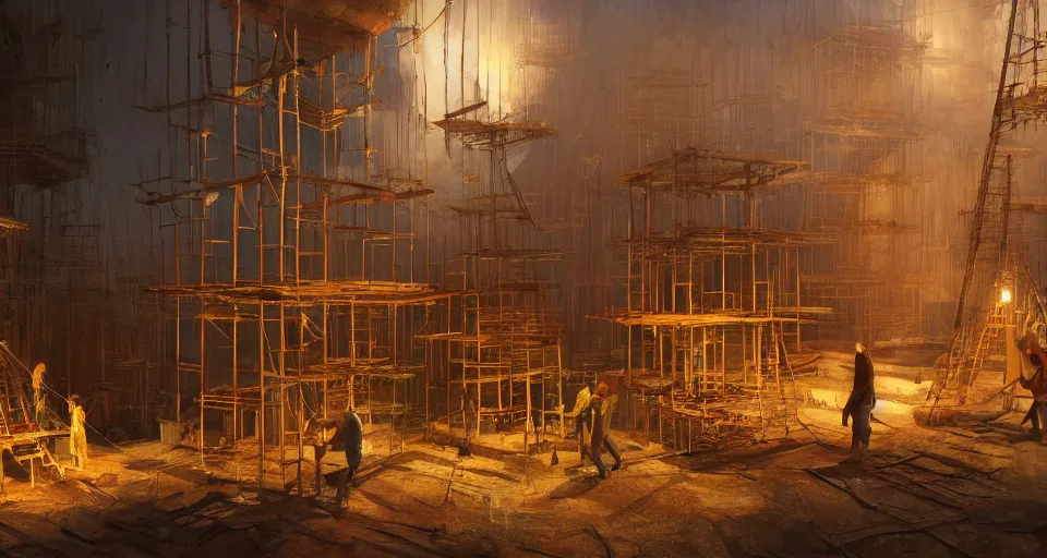 Prompt: book illustration of small wooden village under construction. Wooden scaffolding and workers. Atmospheric beautiful by Eddie mendoza and Craig Mullins. volumetric lights