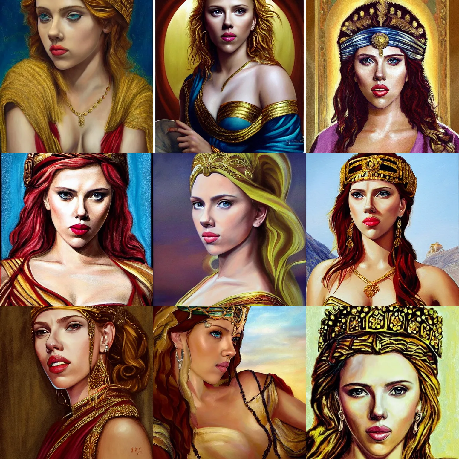 Image similar to Scarlett Johansson as a beautiful Greek Godess, Painting,