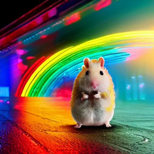 Image similar to rainbow hamster!! in a cyberpunk! city, neon lights, light reflection, logo, 8 k, hd