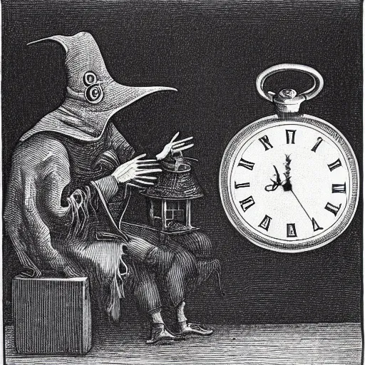 Image similar to Etching art of a plague doctor looking at a pocket watch, intricate, lots of details, 8k
