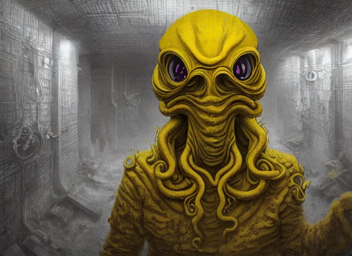 Image similar to a man in a yellow hazmat suit with a highly detailed Cthulhu Eldritch demon with many eyes and tentacles in an underground brutalist storeroom, highly detailed, intricate, cinematic, wide angle, grime, symmetrical and centered, front facing camera, epic lighting, Unreal engine render in 8k by Zdzslaw Beksinski and Wayne Barlowe